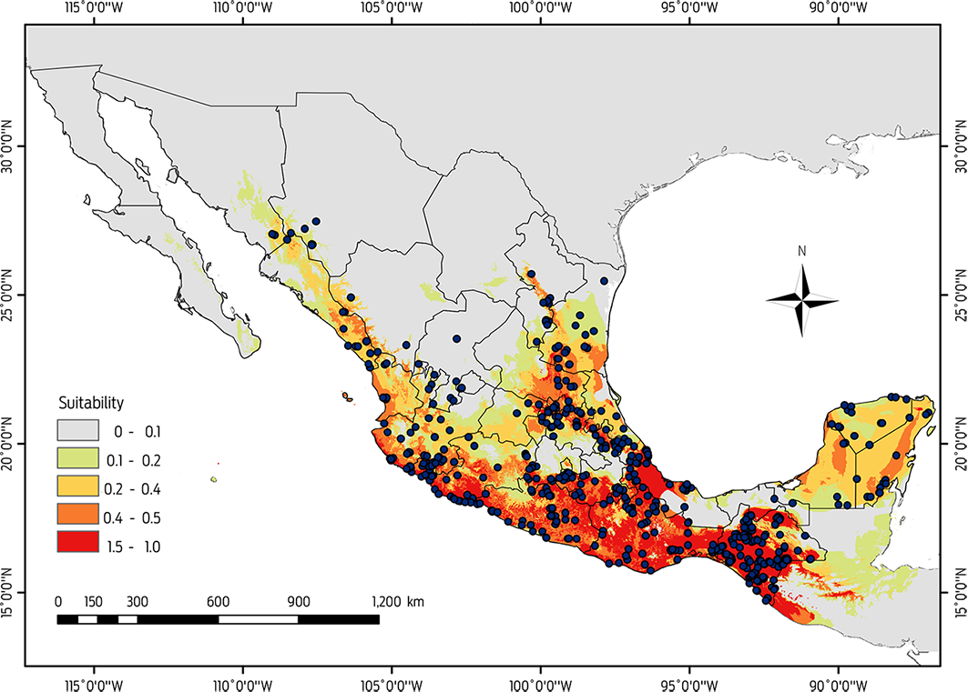 Geographic distribution of Desmodus rotundus in Mexico under current ...